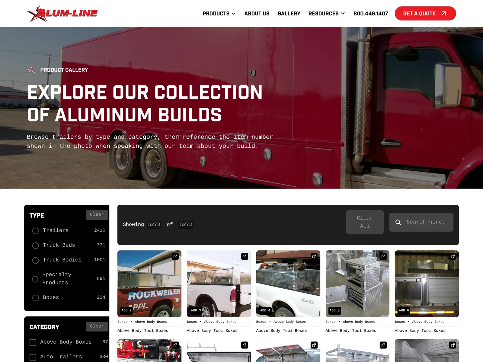 The Alum-Line build gallery with type and category filters and a search field