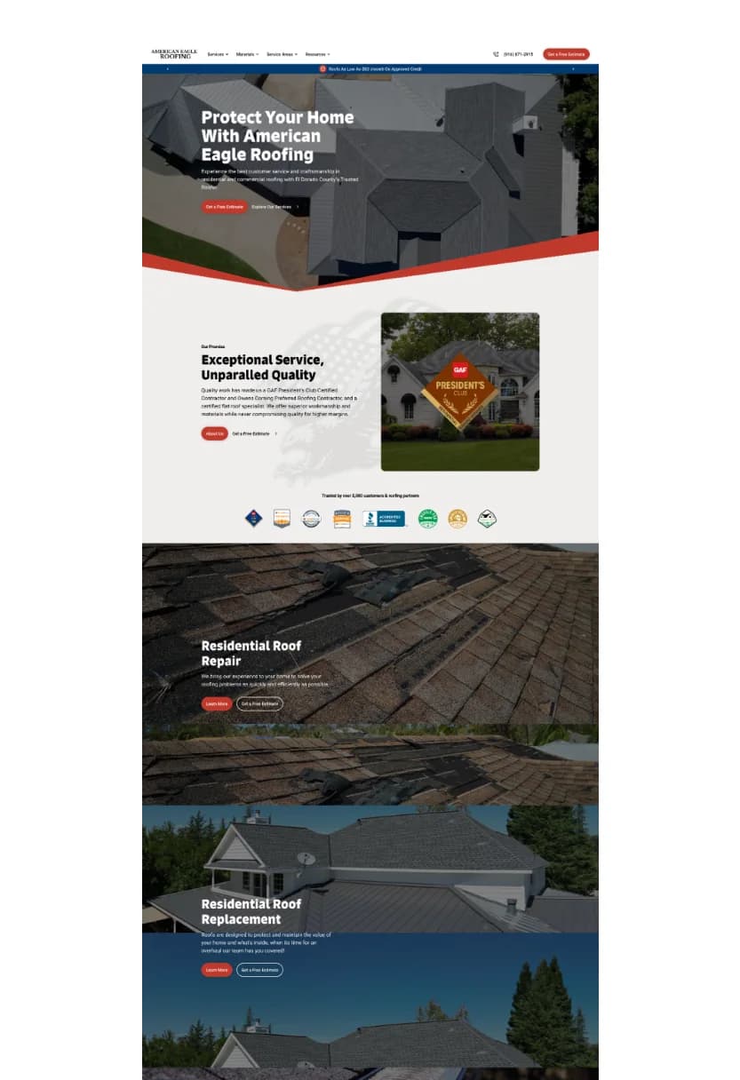 American Eagle Roofing website after the TRSTY Media redesign