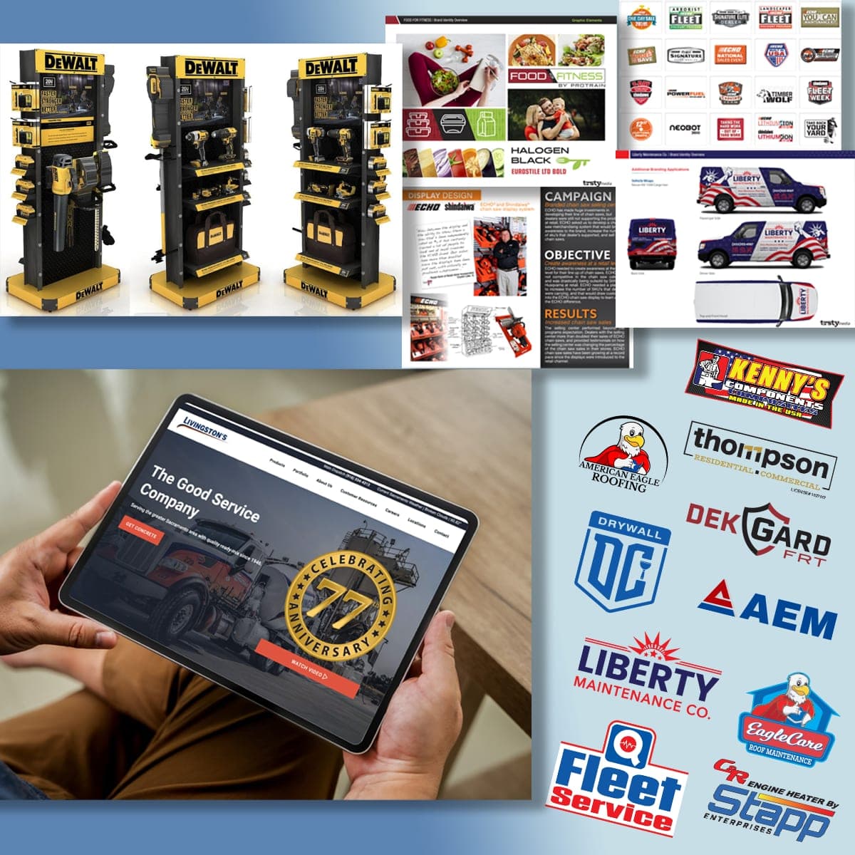 A collage of TRSTY Media print, packaging, display, and digital work for several clients