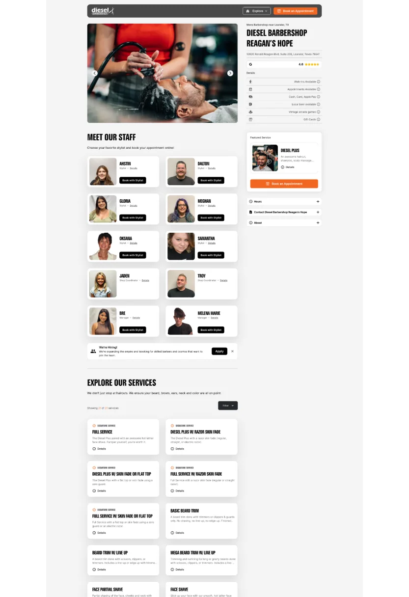 Diesel Barbershop location page with barber profiles