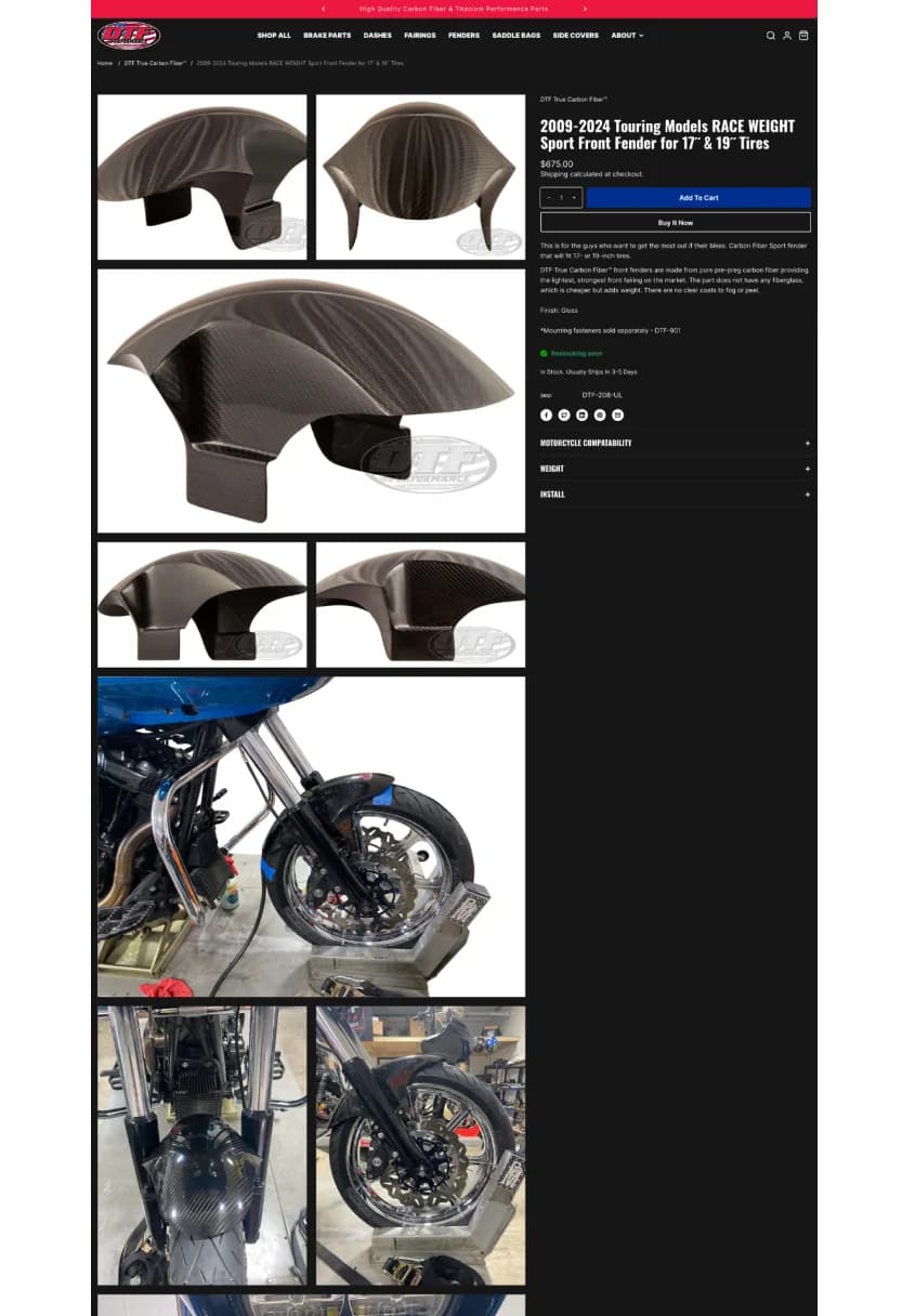 DTF Performance carbon fiber fender product page