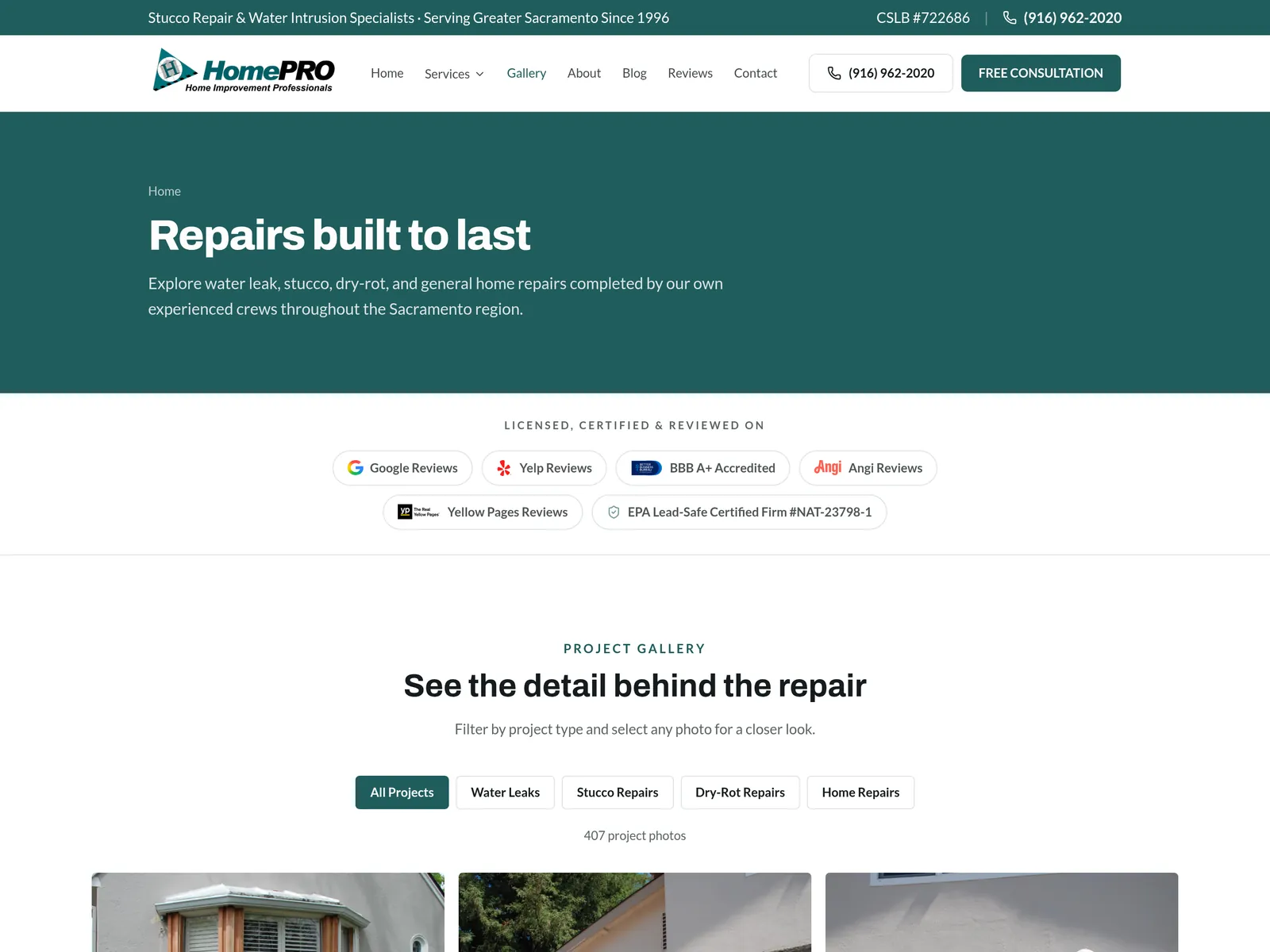 The HomePRO project gallery, filterable by water leak, stucco, dry rot, and home repairs