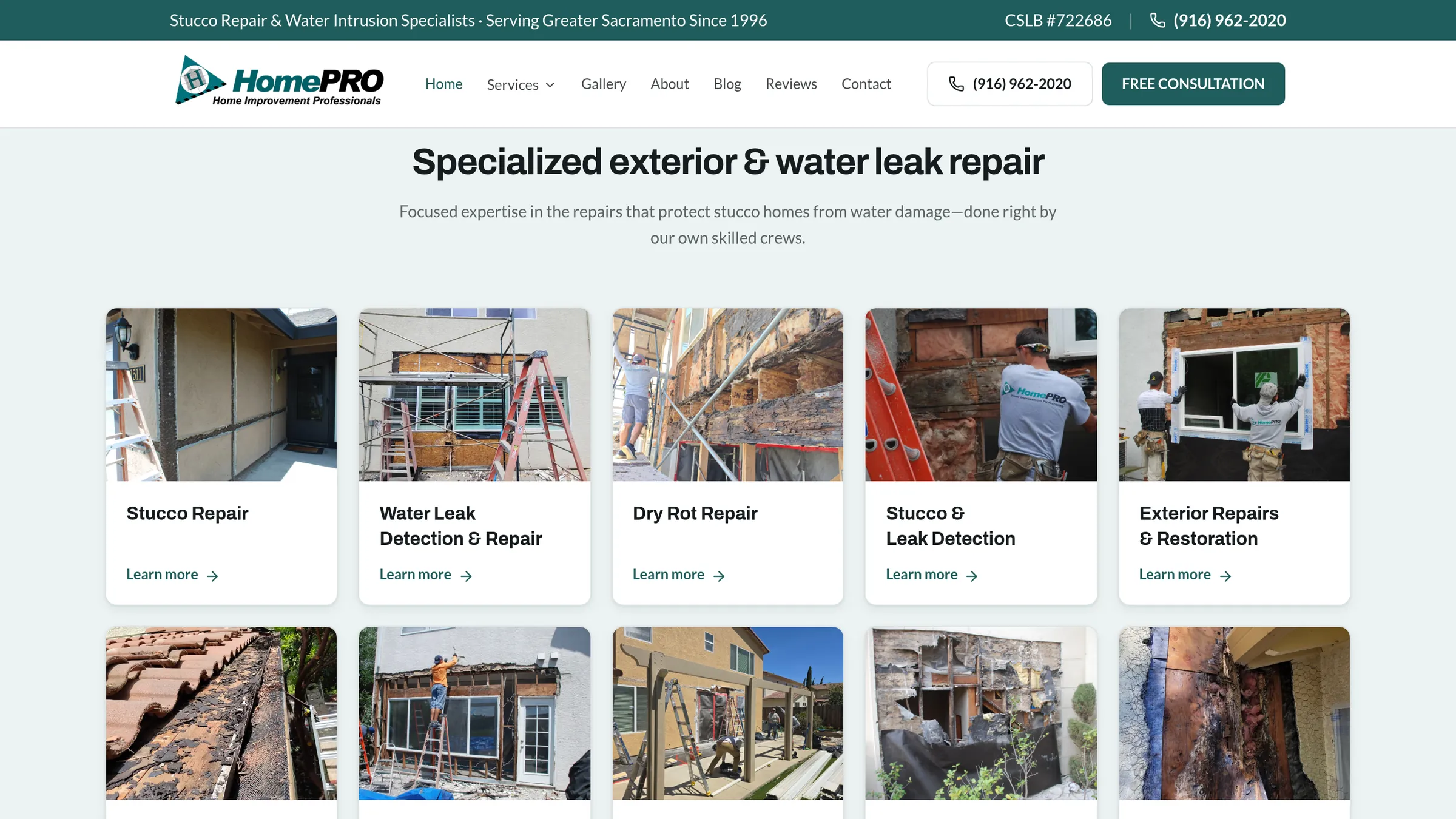 The HomePRO services grid for stucco, water leak, and dry rot repair
