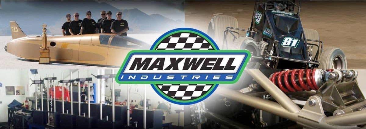 Maxwell Industries logo over race car and shop photography