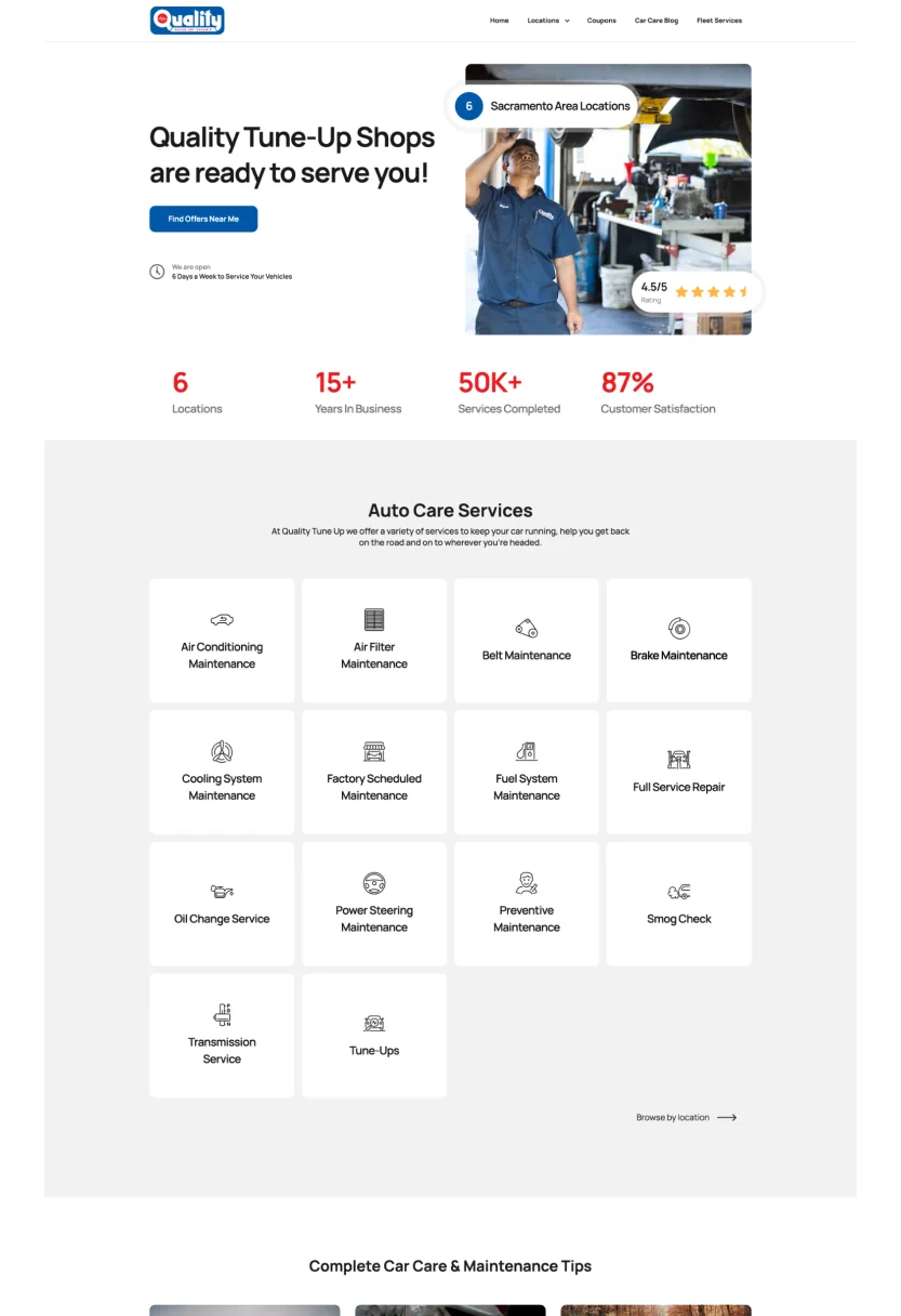 Quality Tune-Up Shops website after the TRSTY Media redesign
