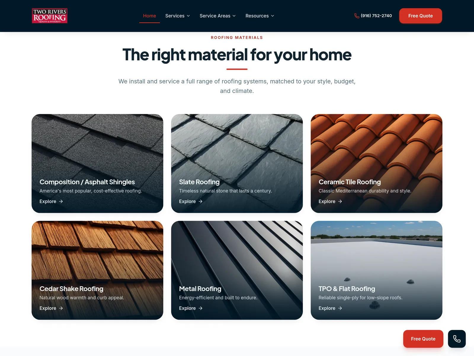 Six roofing material options on the Two Rivers Roofing homepage