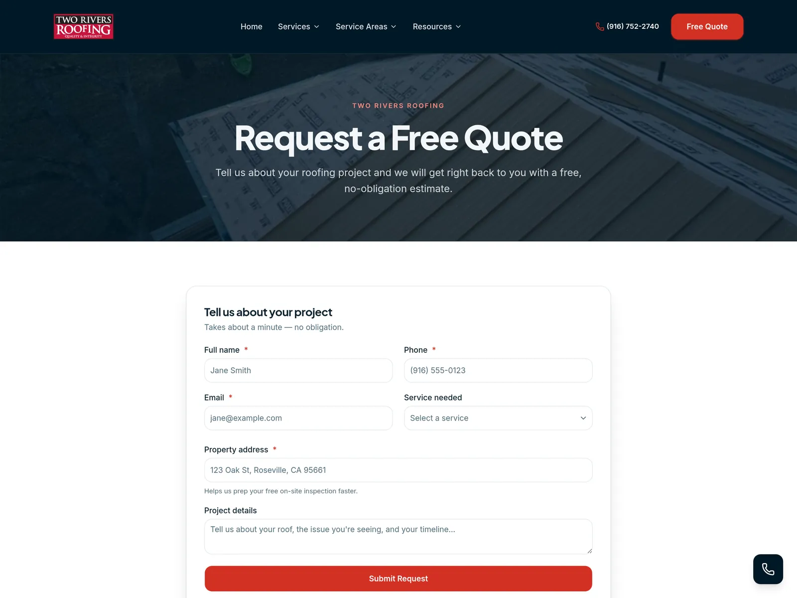 The Two Rivers Roofing free quote request form