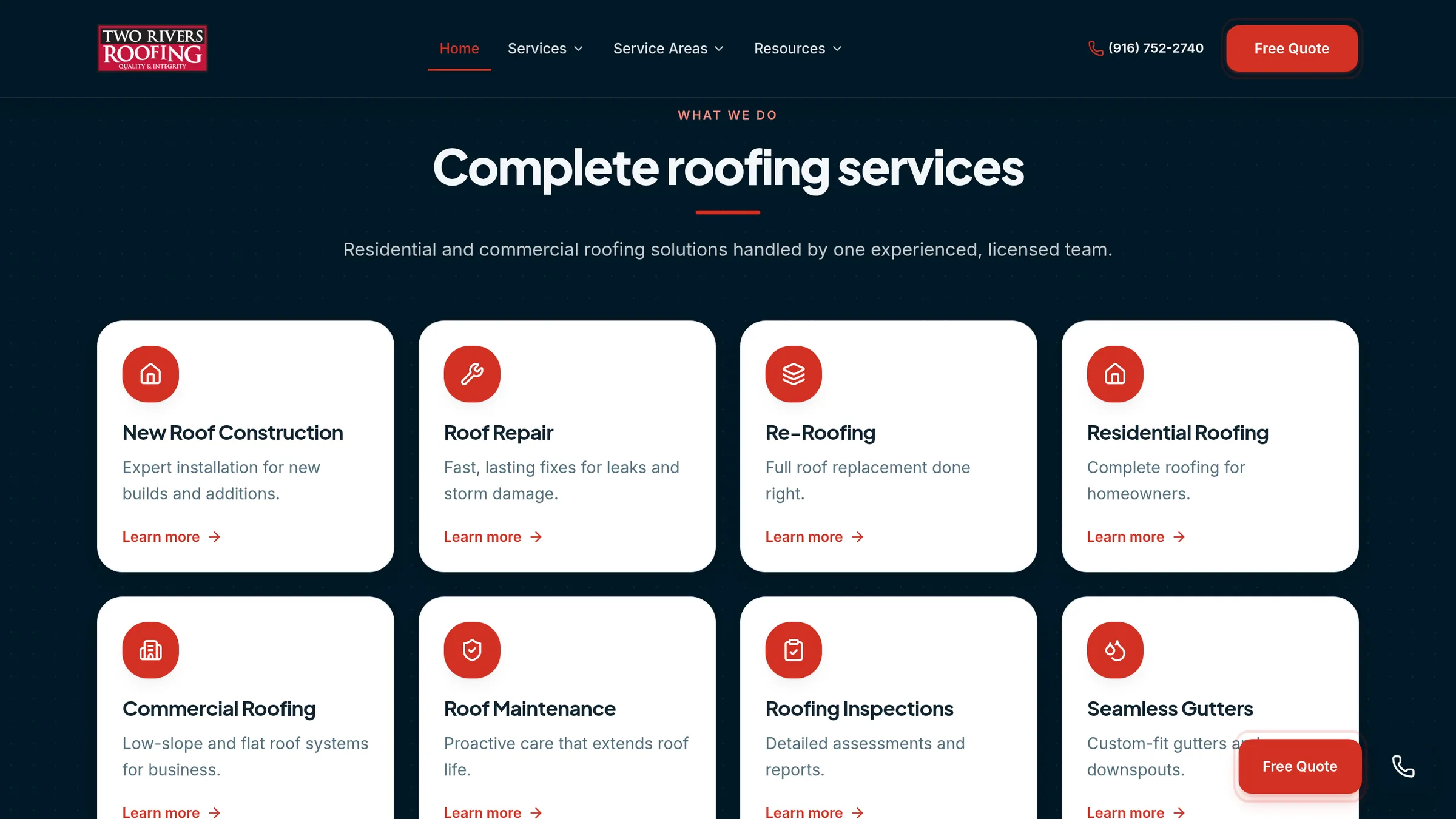 The Two Rivers Roofing services section, with cards for all eight roofing services